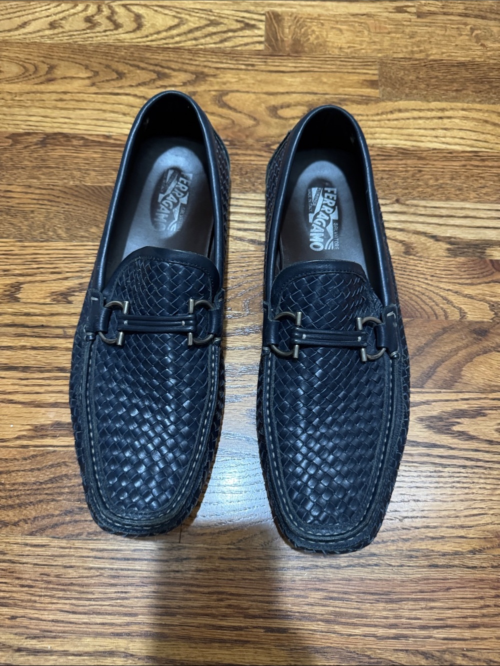 Salvatore Ferragamo Blue Woven Leather Bit Loafers
